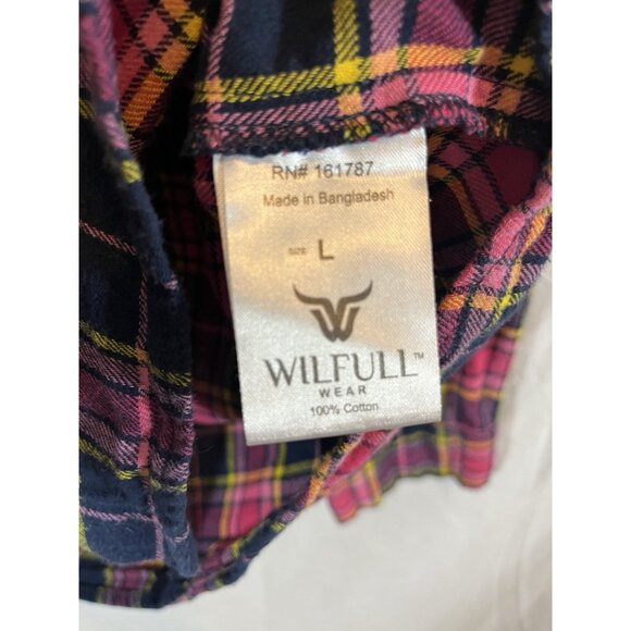 Wilful Wear Women’s Large Long Sleeve Pink Plaid Cotton Snap Front Shirt - Picture 5 of 9